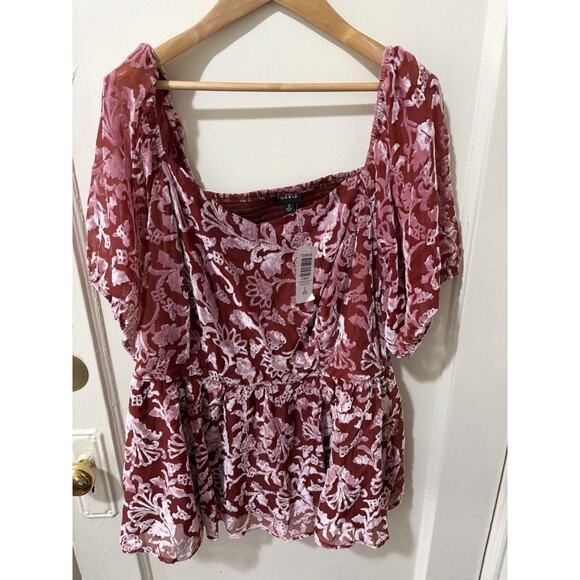 torrid Tops - Torrid Burnout Velvet Pink Red Floral Top Square Neck Size 2X